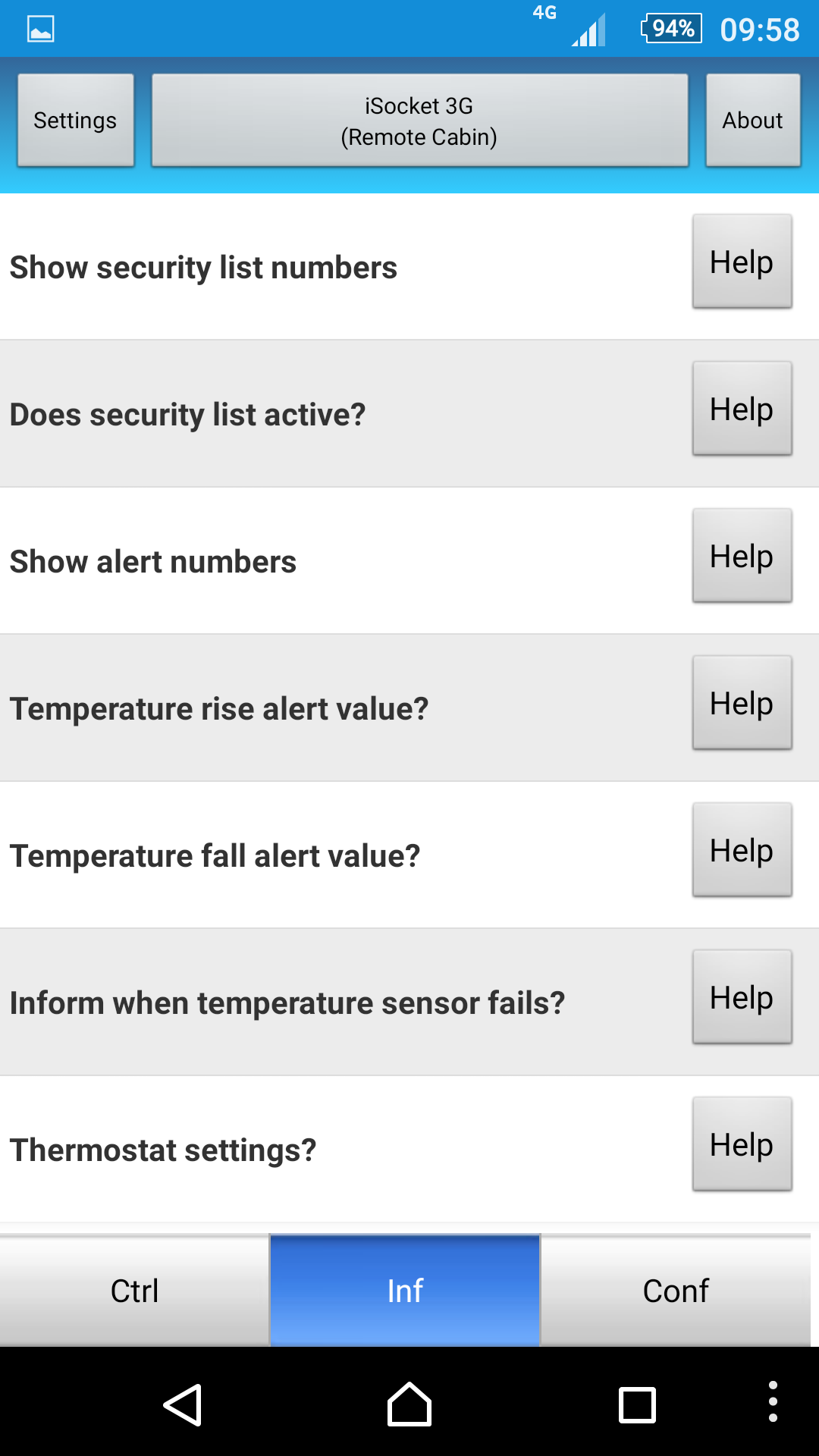Android iSocket app information tab